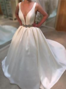 Sexy A Line Wedding Dresses Deep V Neck White Satin Bridal Gowns Vintage Bridal Gowns Backless Sweep Train Beach Wedding Dress Cheap