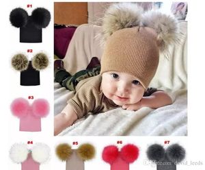 2018 Novo 7 Cores Crianças Inverno Quente Chapéus De Malha Meninos Meninas Pom Pom Beanie Com 2 Bolas De Pele Do Falso Crianças Crochet Caps 5 pçs / lote