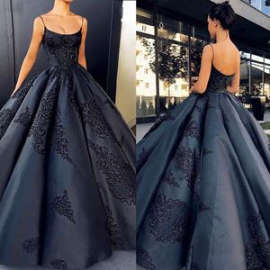 Elegance Gothic Prom Dresses Navy Ball Gown Spaghetti Appliques Girls Pageant Dresses Satin Floor Length Women Formal Dress