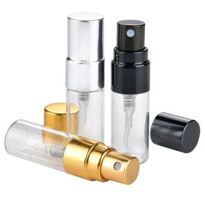 3 ML Garrafa de Perfume De Vidro Recarregáveis ​​de Viagem Com Pulverizador UV Bomba Cosmética Spray Atomizador Prata Preto Cap Ouro SN2512