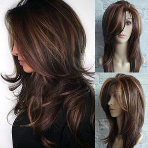 Gyllenbrun perukgradientfärgat långt lockigt hår fluffiga naturliga våg peruker