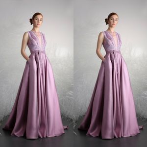 Tony Ord 2020 Satin Evening Klänningar Lång Sexig V Neck Neck Beading Formell Party Kappor Golvlängd Billiga Special Occasion Prom Dress