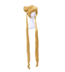 Size: adjustable wig Brand New Sailor Moon Cosplay Wigs 130cm Long Blonde Wigs Heat Resistant Synthetic Hair Perucas Cosplay Wig