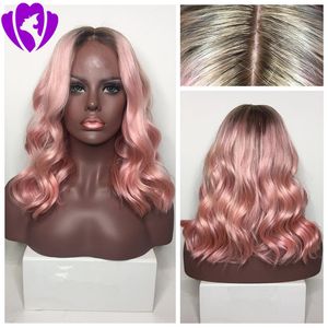 Fashion Colored 1b / 30 Long Ombre Rosa Lace Front Syntetisk peruk med Baby Hair Preplucked Wavy Brazilian Highlight Hair