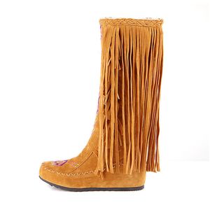 뜨거운 판매 - 도라나 시아 중국어 세련된 자수 큰 크기 34-48 2 종류의 모피 여성 신발 Tassels 가을 겨울 부츠 패션 긴 부츠