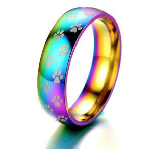 Kolorowe Rainbow Small Paw Print Finger Pierścień Do Pary Promise Zaangażowanie 6mm Obrączki Lover Lesbijki Gejów Biżuteria