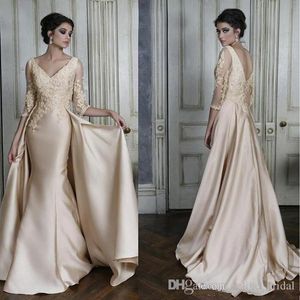 Mermaid Mother of the Bride Dresses with Overskirt V Neck Lace Applique Satin Evening Gowns 3 4 Sleeve Sweep Train Formal Party Go230E