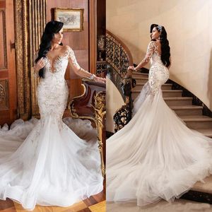 Saudi Arabia Mermaid Wedding Dresses Scoop Neck Long Sleeve Lace Applique Beaded Bridal Gowns Plus Size Sweep Train robes de mariée