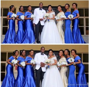 Plus Size Royal Blue African Nigerian Off Shoulder Mermaid Bridesmaid Dresses Long Ruched Maid of Honor Wedding Guest Dress vestidos