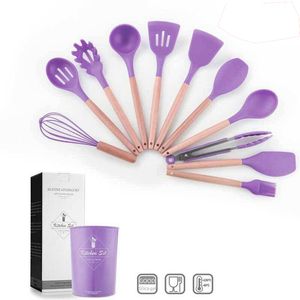 12pcs Cooking Tools Set Bakingware Silicone Spoon Spatula Kitchen Utensil Set Non-stick Wooden Hander Kitchenware Set With Storage Box Gift