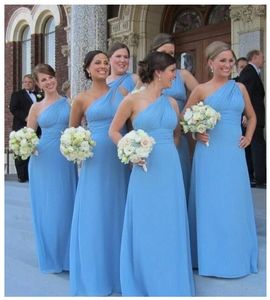 2019 Barato de Um Ombro Damas De Honra Vestidos Longo Plissados ​​Aberto Para Trás Chiffon Maid Of Honor Vestido País Vestido De Noiva Do Partido Formal Vestidos