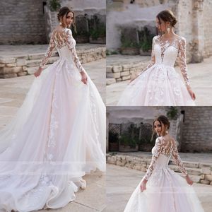 2020 Best Blush Pink White Long Sleeve Wedding Dresses Princess Bateau Plunging See Though Back Lace Wedding Dress Bridal Gowns plus size
