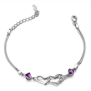 S925 Bracelets estampés Double coeur 925 Sterling Silver Charm Mode Cristal Diamond Chain Chaîne Bracelet Bijoux pour Femmes Girls Lady petite amie