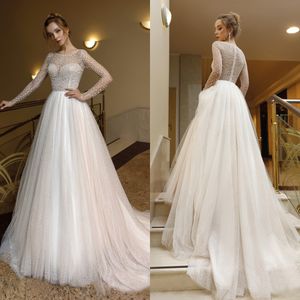 Luxury Wedding Dresses 2020 Full Pearls Beaded Jewel Neck Long Sleeve Bridal Gowns Sparkly Sequins Plus Size Wedding Dress