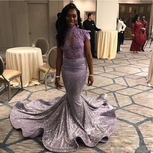 Long Evening Dresses Mermaid High Neck Short Sleeve Sequin Applique Lace Prom Gown African Women Formal Dress Party Dress