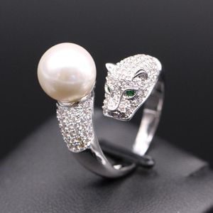 Fashion- Tiger Inlay Cubic Zircon Shell Pearl Opening Rings For Women White Gold Color Ring K02-3