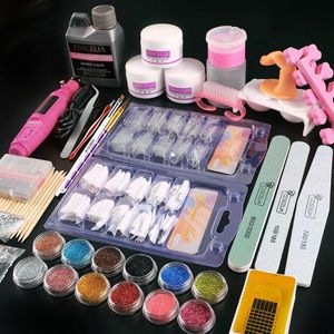 Nail Art Kits Full Manicure Set Pro Akrylkit med Drill Machine Flytande Glitter Pulver Tips Borstverktyg