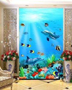 Özel 3D Exquisite Sualtı Dünya Balık Yunuslar 3D Duvar Kağıdı Kapalı Sundurma Arka Plan Duvar Dekorasyonu Mural Duvar Kağıdı