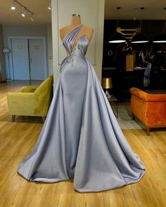 Real Image Evening Dresses One Shoulder Beaded Crystal Satin Mermaid Prom Dress With Detachable Train Custom Made Robes De Soirée