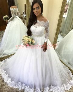 Vintage Long Sleeve Lace Wedding Dresses Ball Illusion Beads Sheer Applique Plus Size Outdoor robe de mariée Bridal Gown For Bride Custom
