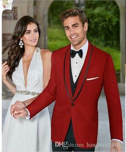 Klasik Stil Bir Düğme Kırmızı Damat smokin Şal Yaka Groomsmen Sağdıç Blazer Erkek Düğün Suit (Ceket + Pantolon + Vest + Tie) H: 687