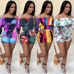 jumpsuit 2021 European sexy word collar off-the-shoulder ruffled long-sleeved pullover tube top printed belt jumpsuit support mixed batch