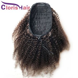 #2 Ponytail Drawstring Afro Kinky Curly Human Hair Extensions Clip Ins For Black Women Darkest Brown Raw Virgin Indian Pony Tails Hairpiece