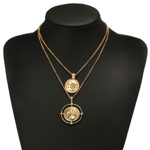 Unregelmäßige Halskette mit rundem Gesicht Gold Doppelkette Kopf Mehrschichtige Halsketten Modeschmuck Frauen Geschenk Will and Sandy Drop Ship 380128