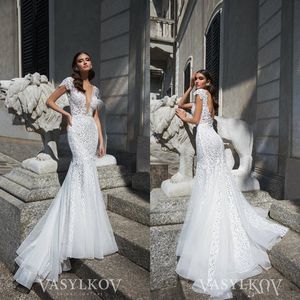 Kristall Design Meerjungfrau Brautkleider V-Ausschnitt Sweep Zug Spitze Applizierte Boho Brautkleid Flügelärmeln Benutzerdefinierte Brautkleider Roben De