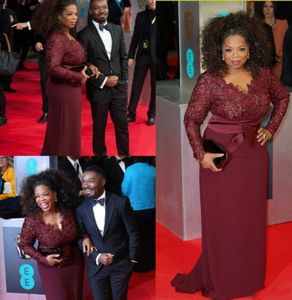 Red Carpet Plus Size Burgundy Evening Dresses Oprah Winfrey Sheath V-Neck Long Sleeve Lace Top Sweep Train Prom for Fat Women party gowns