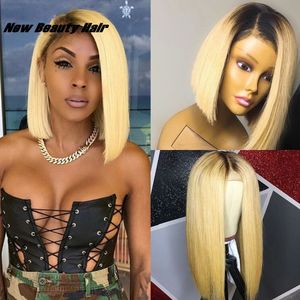 1b 613 Blond Ombre Brasiliansk Kort Straight Bob Wig Pre Plucked Syntetic Lace Front Wig Gluveless Paryk för svarta kvinnor