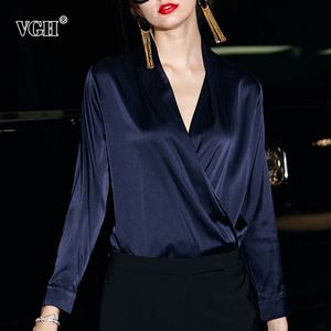 VGH 2019 Summer Vintage Shirt For Women V Neck Long Sleeve Button Slim Solid Clothing Top Female Fashion New Tide