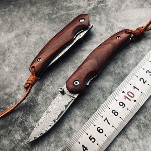 Damascus Steel Pocket Folding Blade Wood Handle Tactical Camping Outdoor Portable Survival Knife Edc Tool Nice Gift Worth Collect
