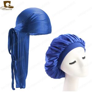 Donna Uomo Durags Hip Hop Bandana Pirate Cap 2 pezzi Set Du Doo Rag Silky Durag Fasce Copricapo Coda lunga Accessori per capelli da donna