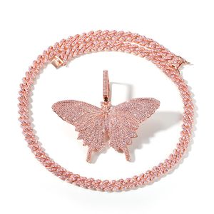 Hip Hop Rose Gold Butterfly Pendant Necklaces Pink Cuban Link Chain Tennis Chain For Men Women Iced Out Cubic Zircon Fashion Jewelry