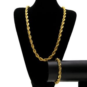 Hip Hop Gold Rope Chain Fashion Mens 1cm Twist Chains Bracelet Necklace Jewelry Set