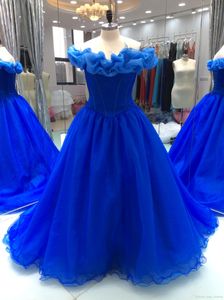 2019 echte Fotos Blue Ballkleid Hochzeitskleid von der Schulter schnüren sich zurück Rüschen Tüll Brautkleid plus Größe