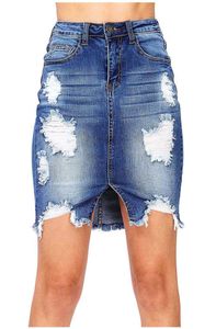 Women Denim Skirt Updated Ripped Hole Tassels High Elastic Mid waist jeans Knee Length Skirts A-line Casual Female