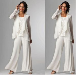 New Cheap Groom Bridal Mothers Pants Suit Three Pieces Jewel Neck Long Sleeves White Chiffon With Jacket Evening Wedding Guest Dress