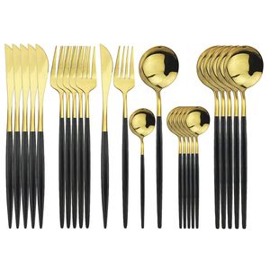 24Pcs Black Gold Cutlery Set Stainless Steel Dinnerware Set Knife Fork Coffee Spoon Dinner Silverware Kitchen Tableware Set Dishwasher Safe