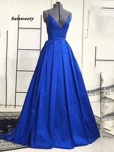 Mode Spaghetti Straps A-Line Backless Long Prom Dresses Royal Blue Evening Formell Dress Vestidos de Festa