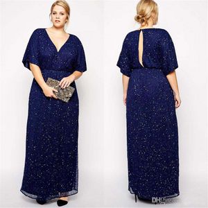 Navy Sequined Plus Size Mor of the Bride Dresses V Neck A-Line Formell Klänning Golvlängd Keyhole Back Aftonklänningar med ärmar SD3351