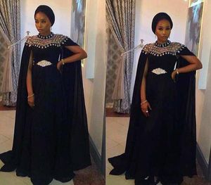 New Arrival Elegant Cheap African Black Evening Dresses with Cape Satin Party Gowns Long Formal Dress Prom Party Dress robes de soirée
