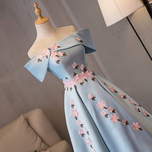 ショート プロムドレス サテン イブニング ドレス オフショルダー スカイブルー ティーレングス フォーマル女性パーティー Dress294R