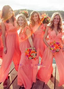 2019 New Arrival Chic Chiffon Cheap Coral Bridesmaid Dresses Long Jumpsuits V Neck Plus Size Beach Wedding Guest Dress Party prom Dresses