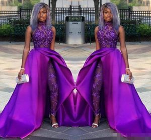 Royal Prom 2020 Purple Dresses High Neck Halter Sparkly Sequins Satin Ruched Jumpsuit Lace Applique Evening Gown Formal Ocn Wear