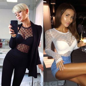 Moda Mesh Bluzka Damska Z Długim Rękawem Polka Dot Crew Neck Damskie Topy i Bluzki Sexy Sheer Koszula Hot