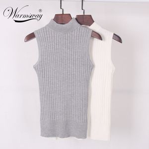 High Quality Summer Autumn Women Mock Neck Top Turtleneck Sleeveless T-shirt Slim Knitted Vest Female Tee Knitwear B-009 Y19051301