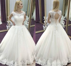 Vestidos De Novia 2020 Scoop Neck Cap Sleeves Ball Gown Wedding Dresses Lace Appliqued Corset Back Puffy Formal Bridal Gowns Custom AL3922