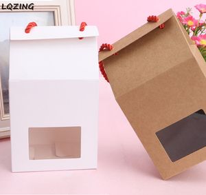 Kraft Paper Bag Clear Window Craft Gift Box Red Rope Handle,Blank Brown&White Store Candy Cake Dessert Bag Packaging Supplies